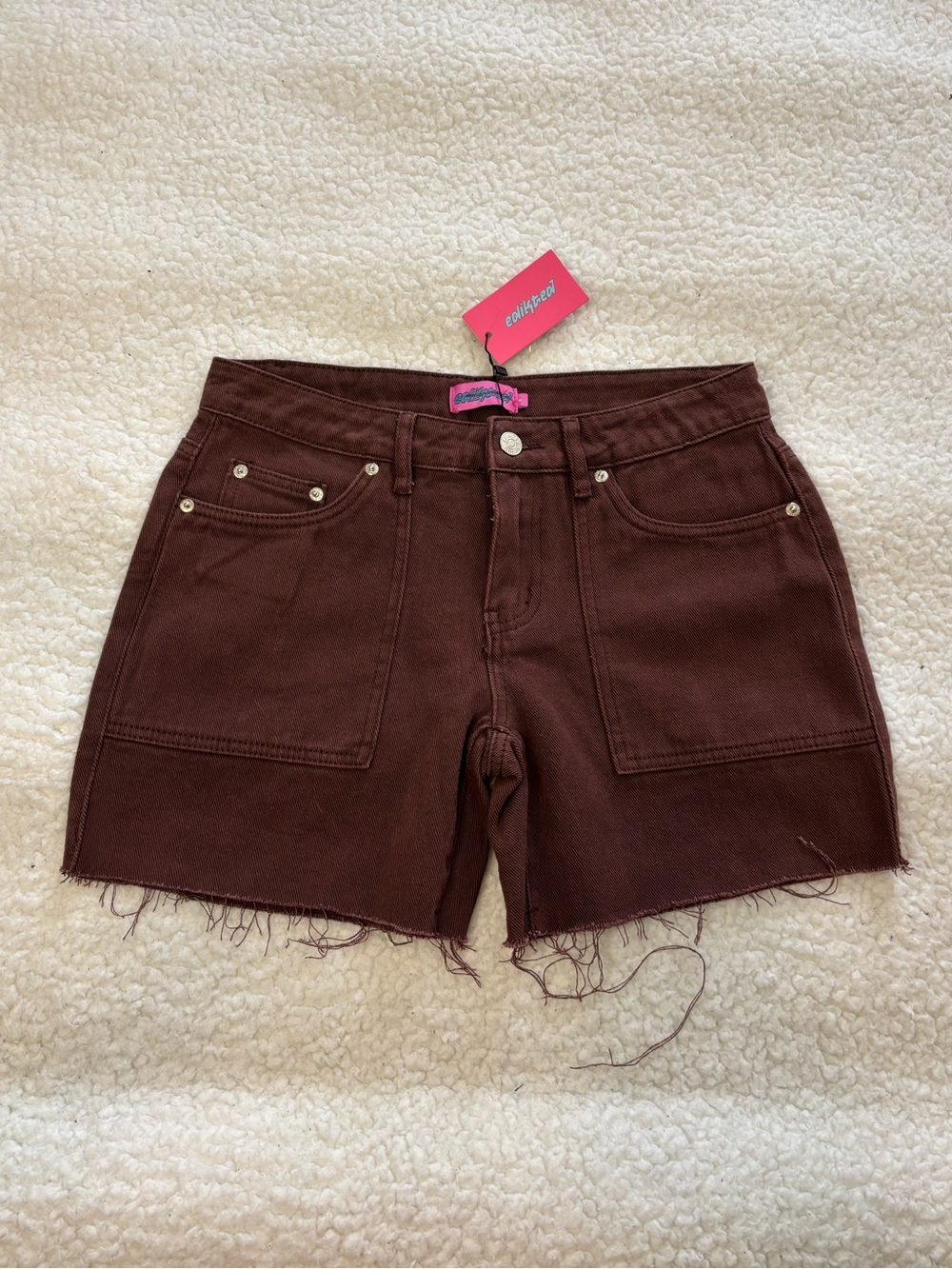 Edikted Women Brown Boyfriend Denim Carpenter Shorts